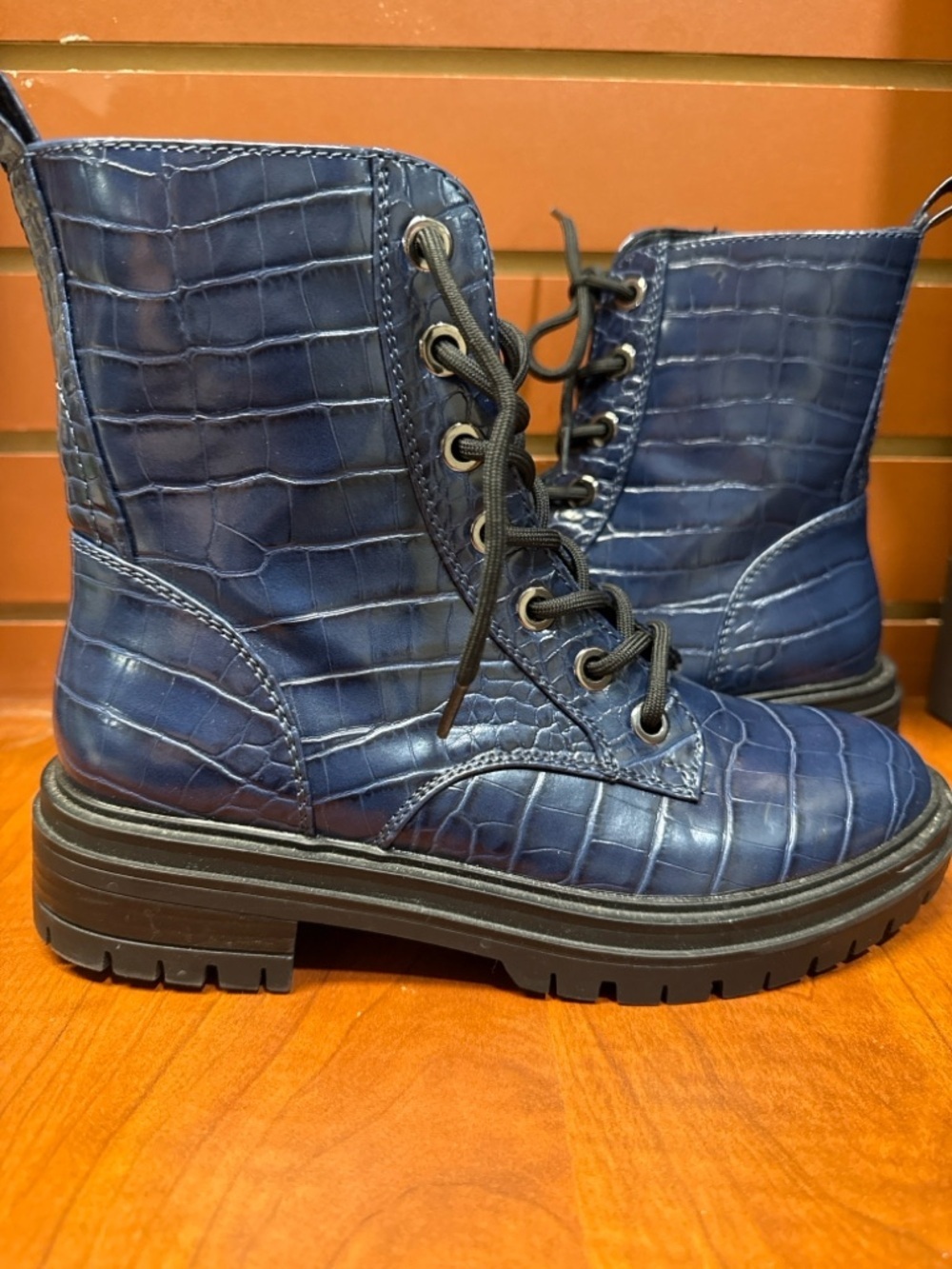 Nine West Blue Croc-Embossed Lace-Up Combat Boots - Picture 2 of 4